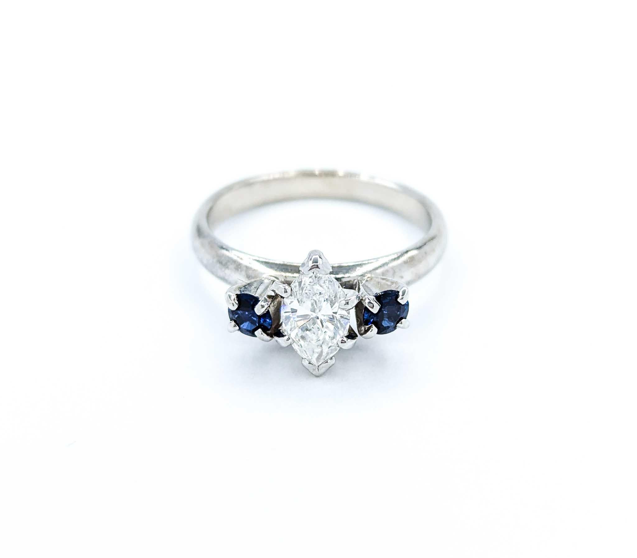 Marquise Cut Diamond & Sapphire Three-Stone Engagement Ring For Sale 7
