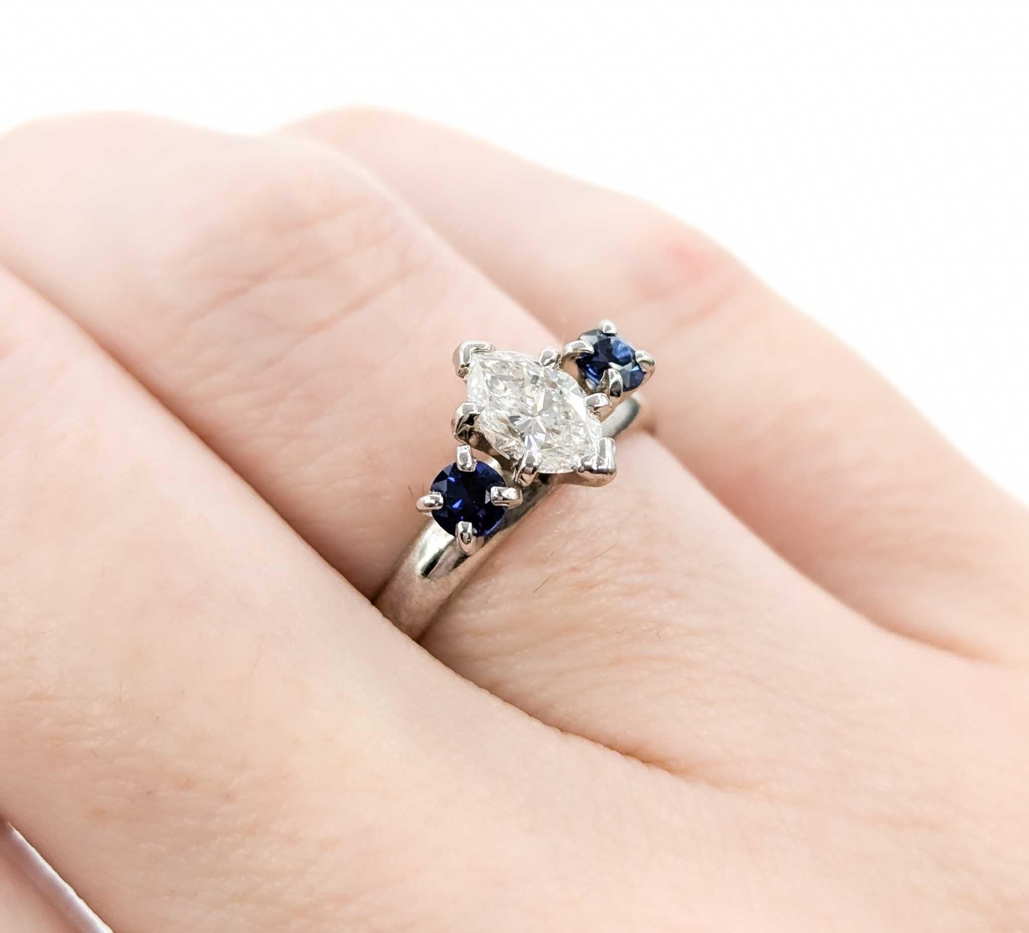 Women's Marquise Cut Diamond & Sapphire Three-Stone Engagement Ring For Sale