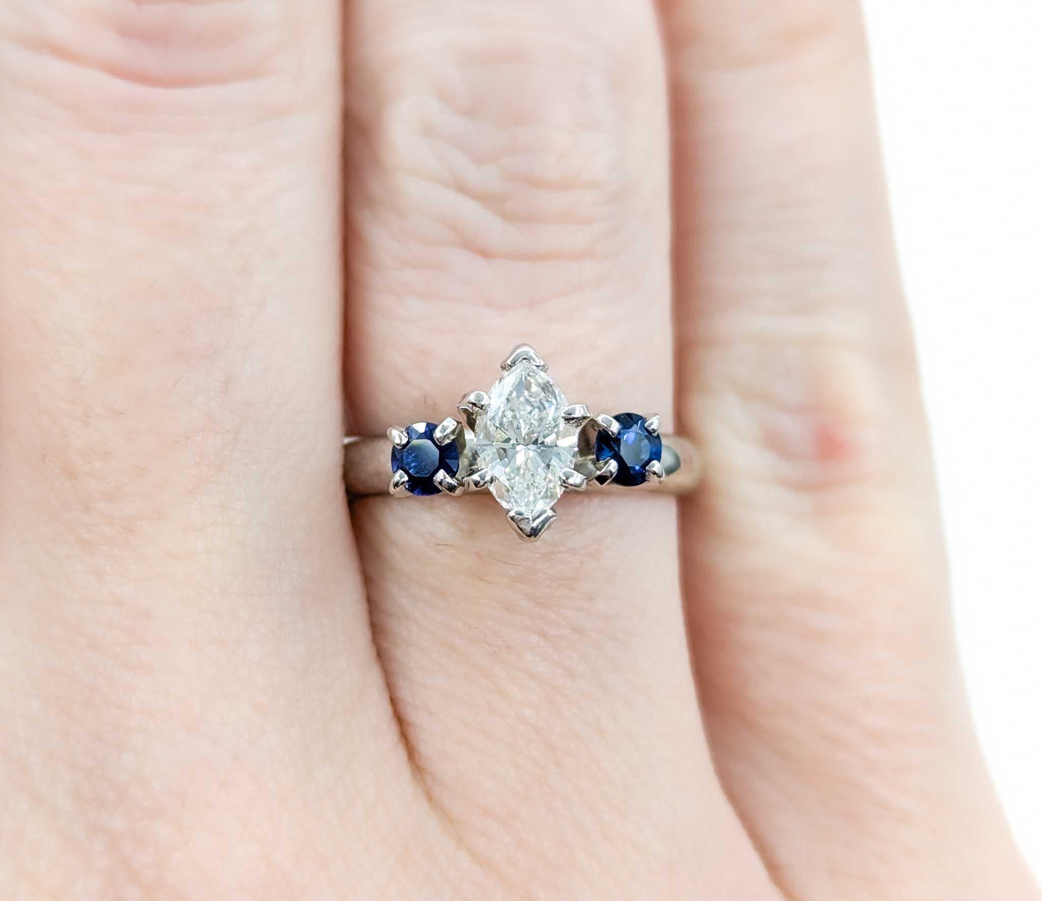 Marquise Cut Diamond & Sapphire Three-Stone Engagement Ring For Sale 1