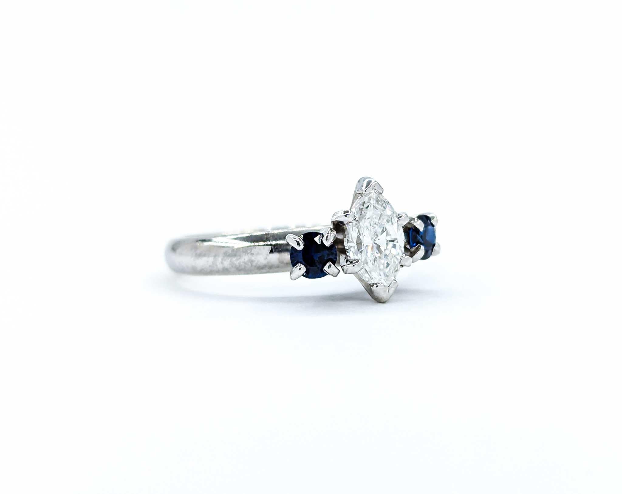 Marquise Cut Diamond & Sapphire Three-Stone Engagement Ring For Sale 2