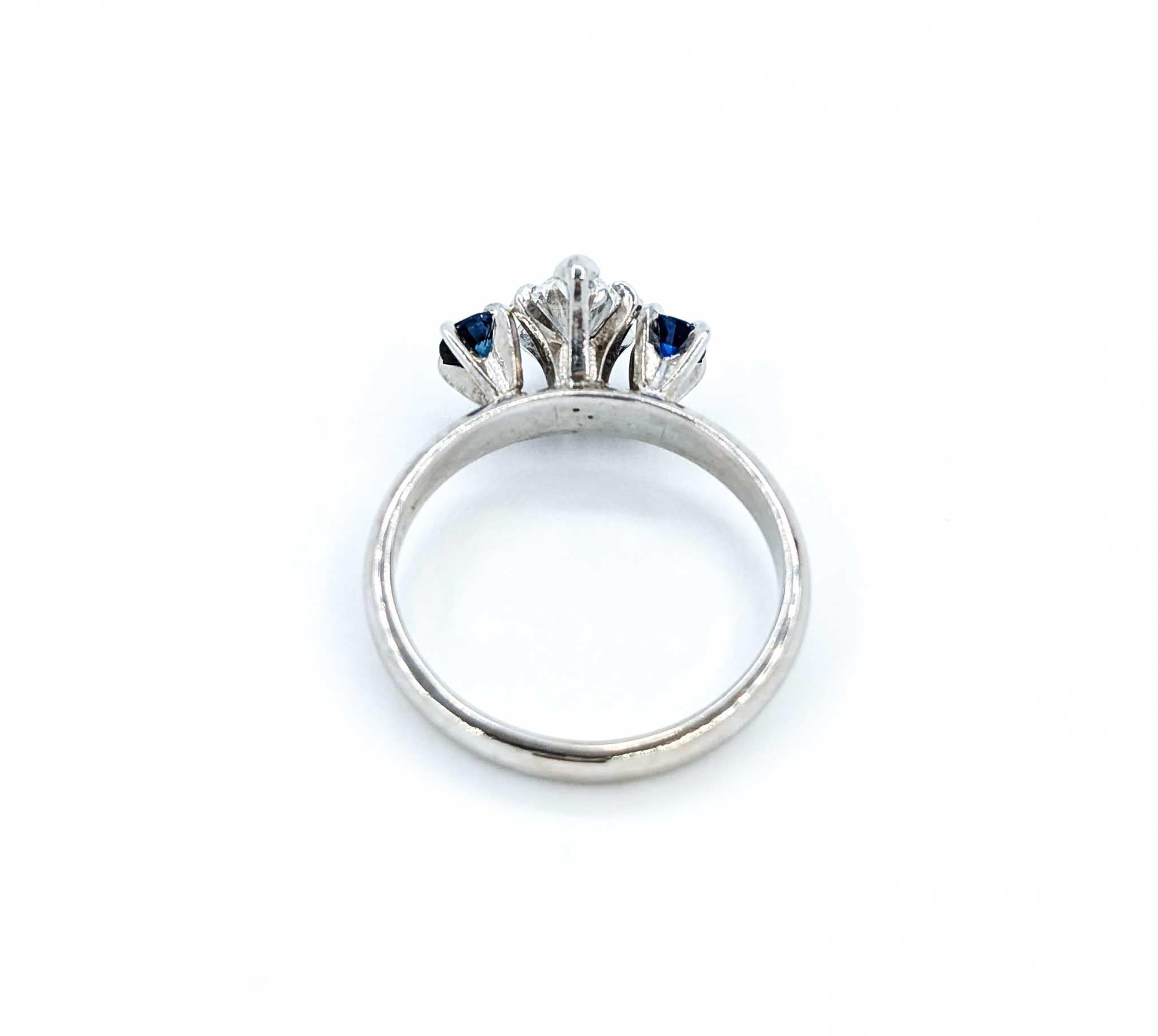 Marquise Cut Diamond & Sapphire Three-Stone Engagement Ring For Sale 3