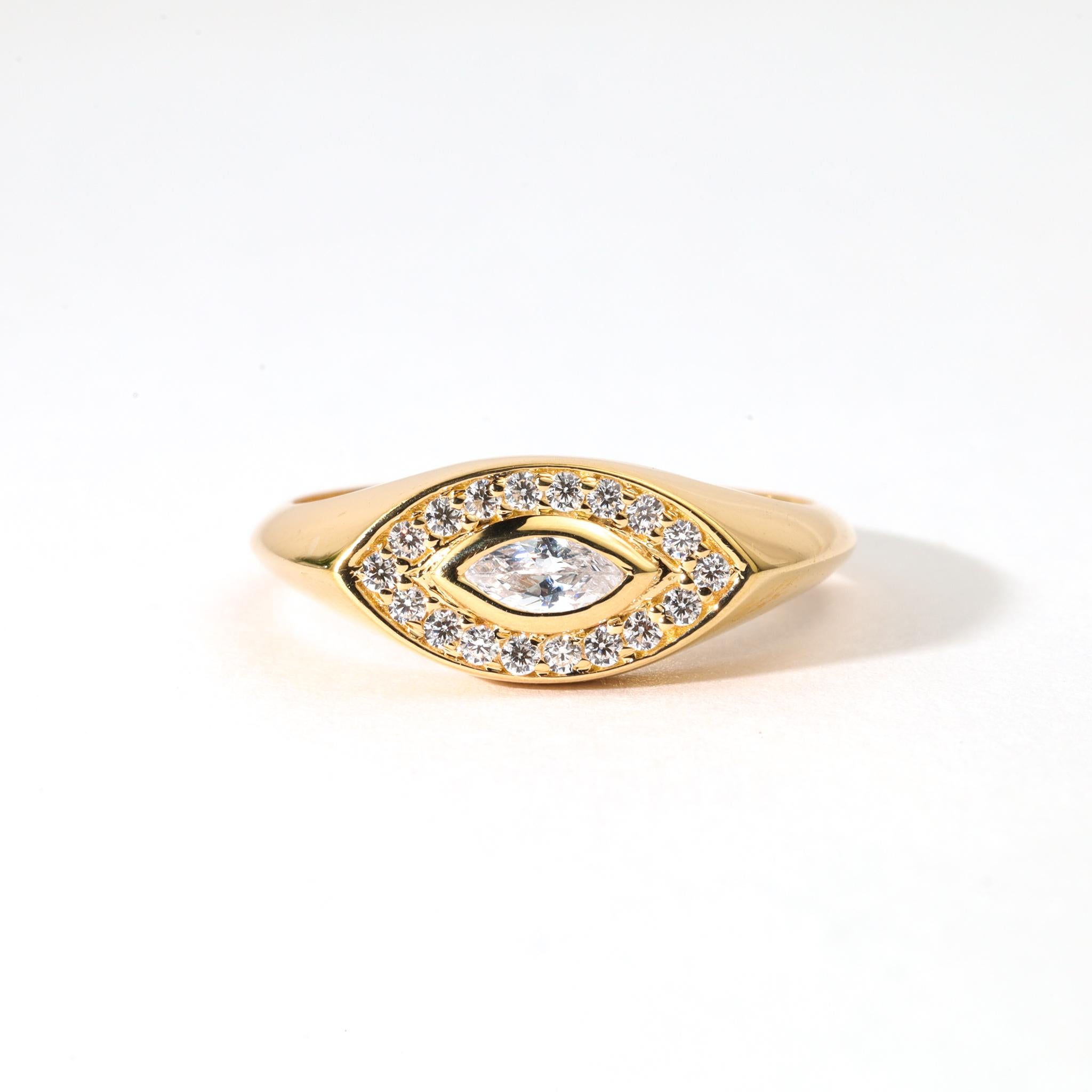 Women's or Men's Marquise-Cut Diamond Signet Halo Ring in 18K Yellow Gold - Everyday Boldness. For Sale