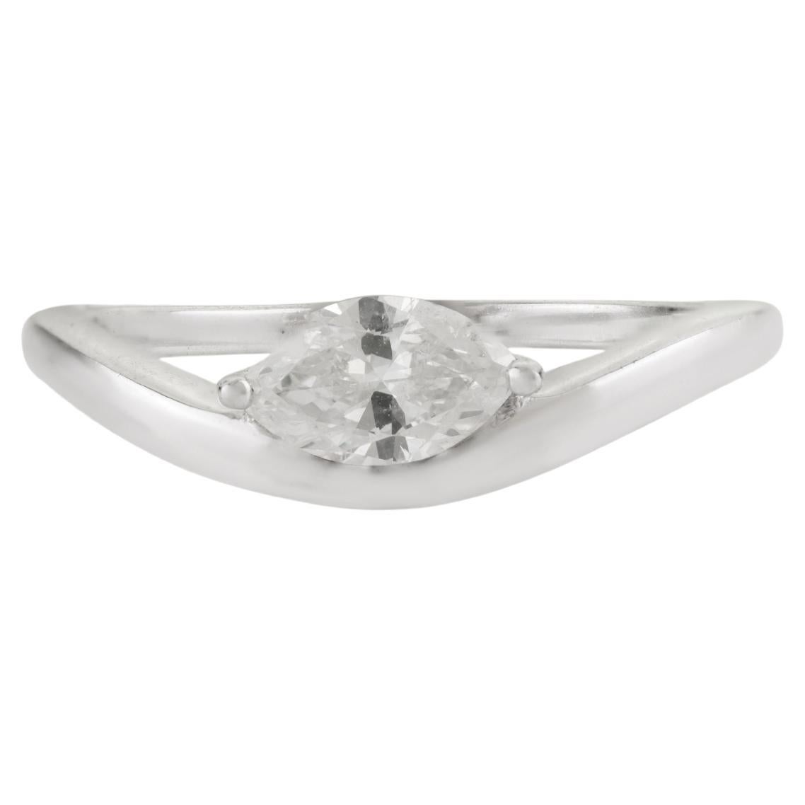 Marquise Cut Diamond Solitaire Ring Wave Band in 18K White Gold Gift for Women
