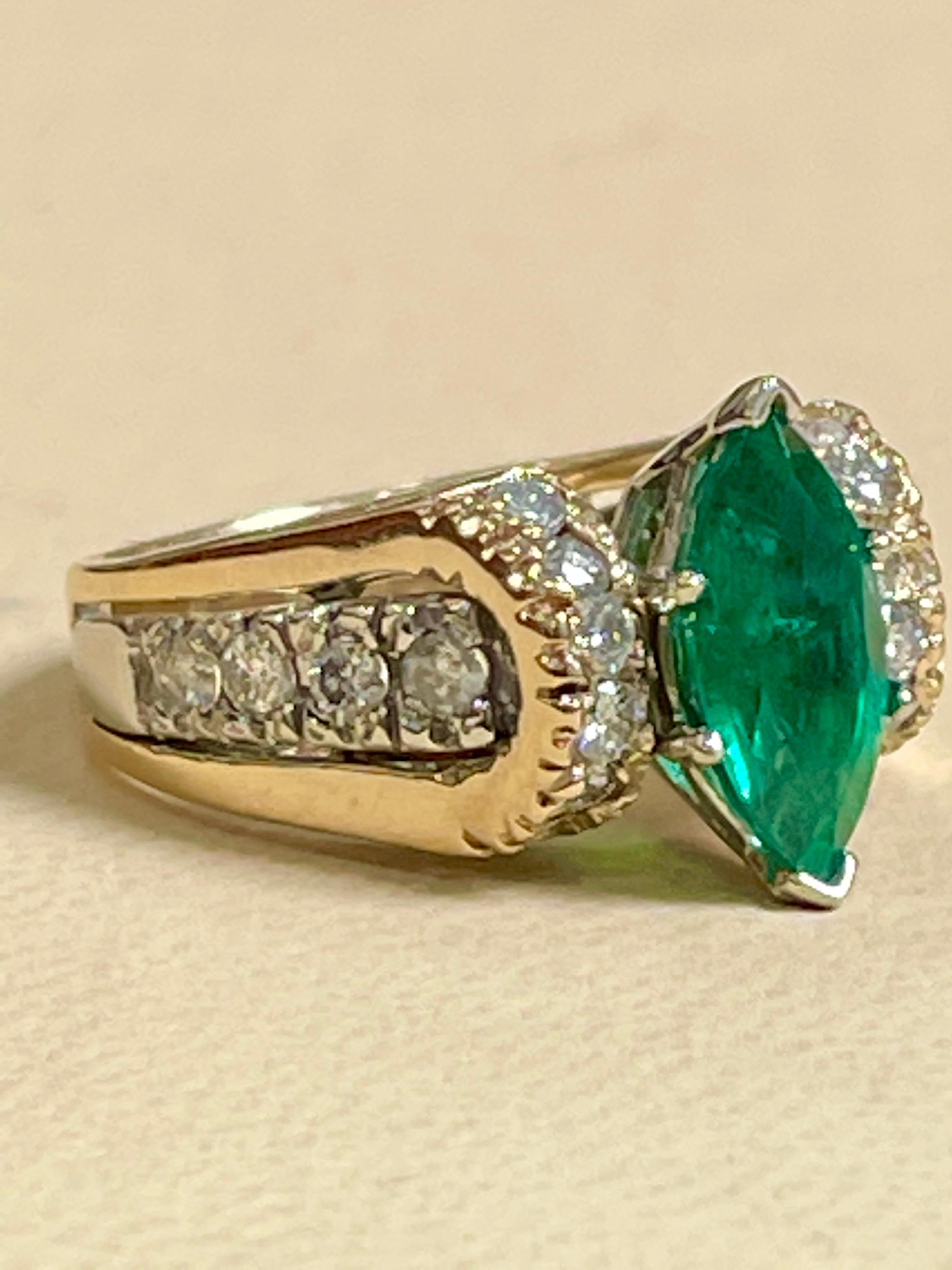 2.5 Carat Marquise Cut Emerald and Diamond Ring 14 Karat Yellow Gold 4