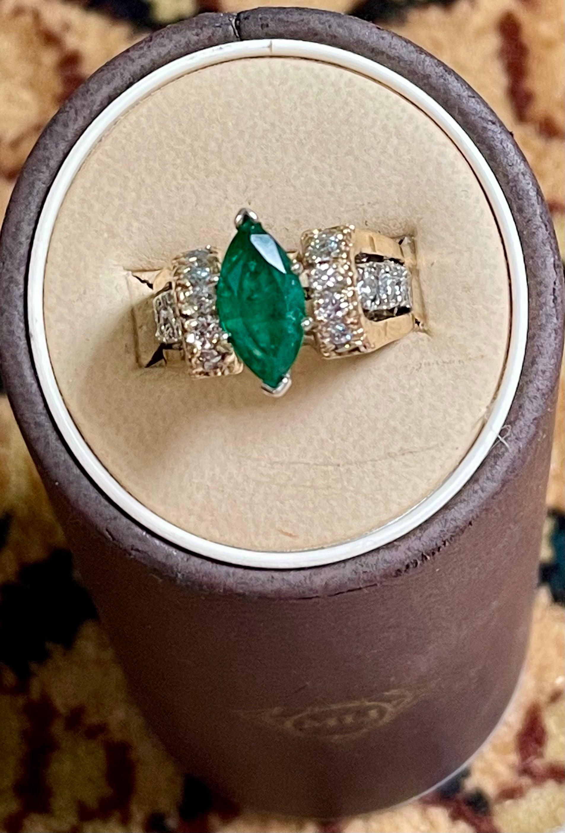2.5 Carat Marquise Cut Emerald and Diamond Ring 14 Karat Yellow Gold 5