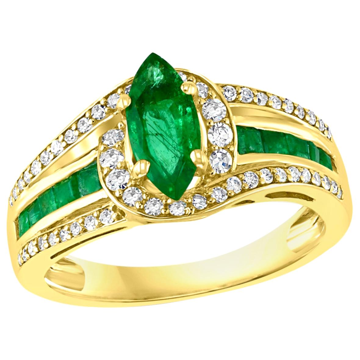 Marquise Cut Emerald and Diamond Ring 14 Karat Yellow Gold