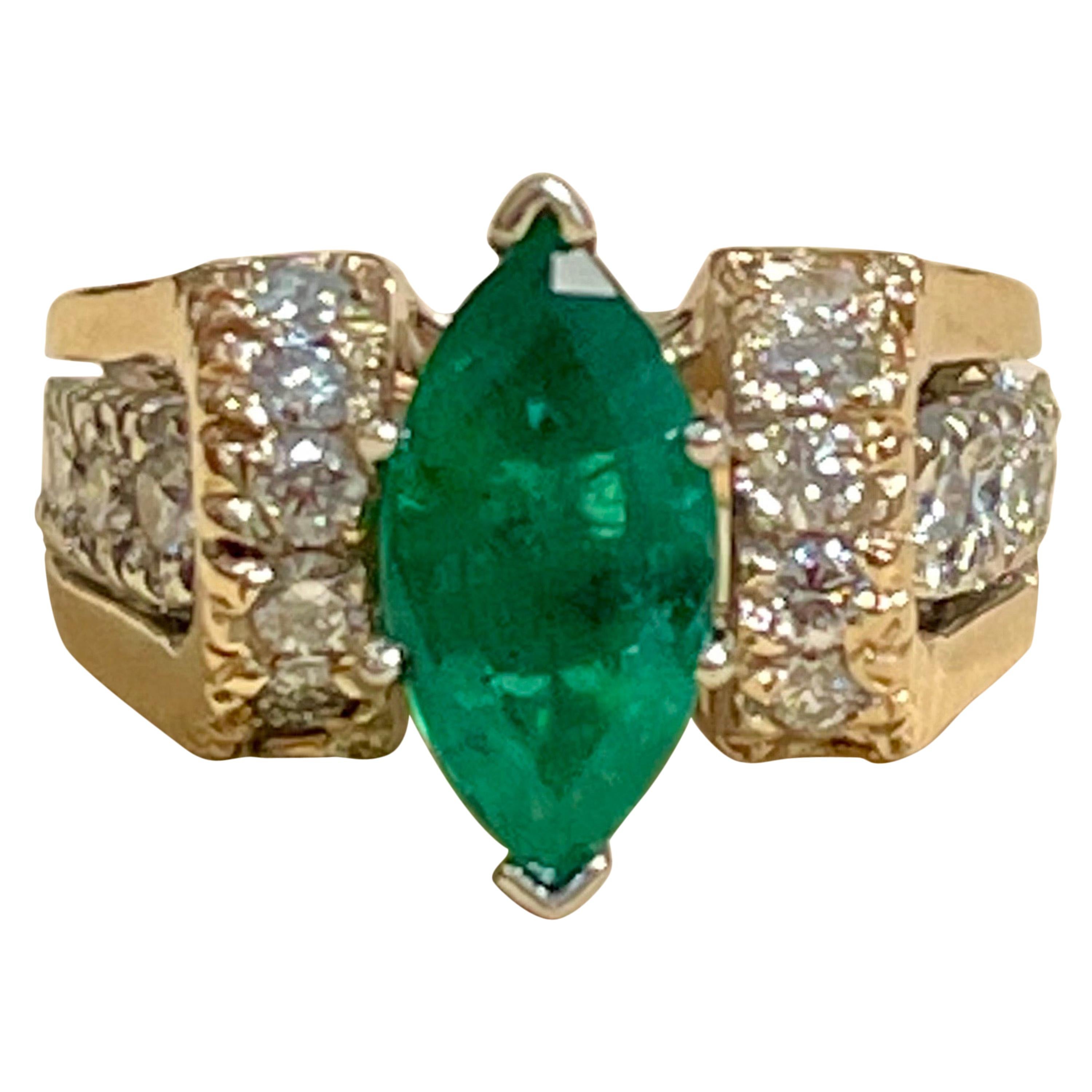 2.5 Carat Marquise Cut Emerald and Diamond Ring 14 Karat Yellow Gold
