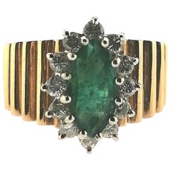 Vintage Marquise Cut Emerald and Diamonds Striated 18 Karat Yellow Gold Ring