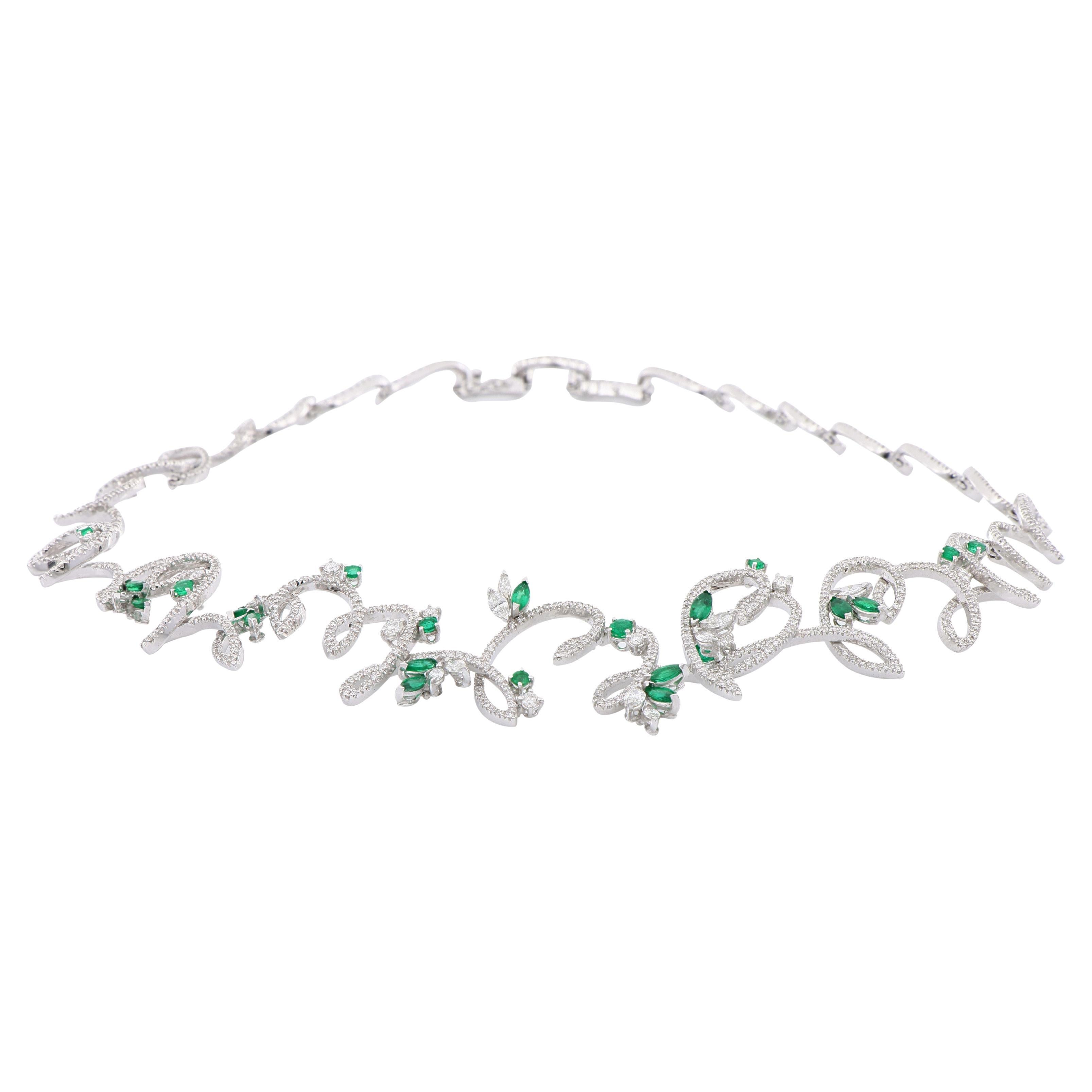 Marquise-cut Emerald and White Diamond Leaf Fashion Necklace in 18K White Gold For Sale