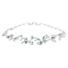 Marquise-cut Emerald and White Diamond Leaf Fashion Necklace in 18K White Gold