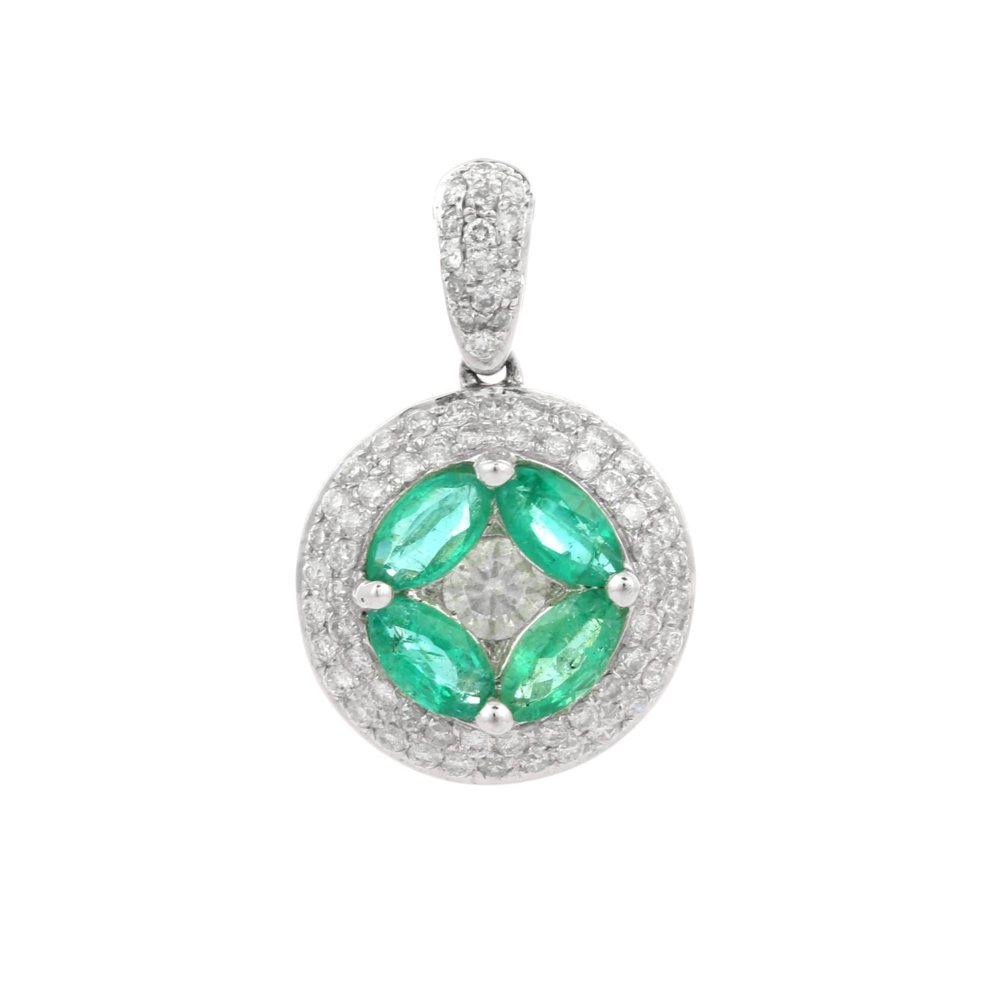 Modern Marquise Cut Emerald Diamond Designer Pendant in 18K Solid White Gold For Sale