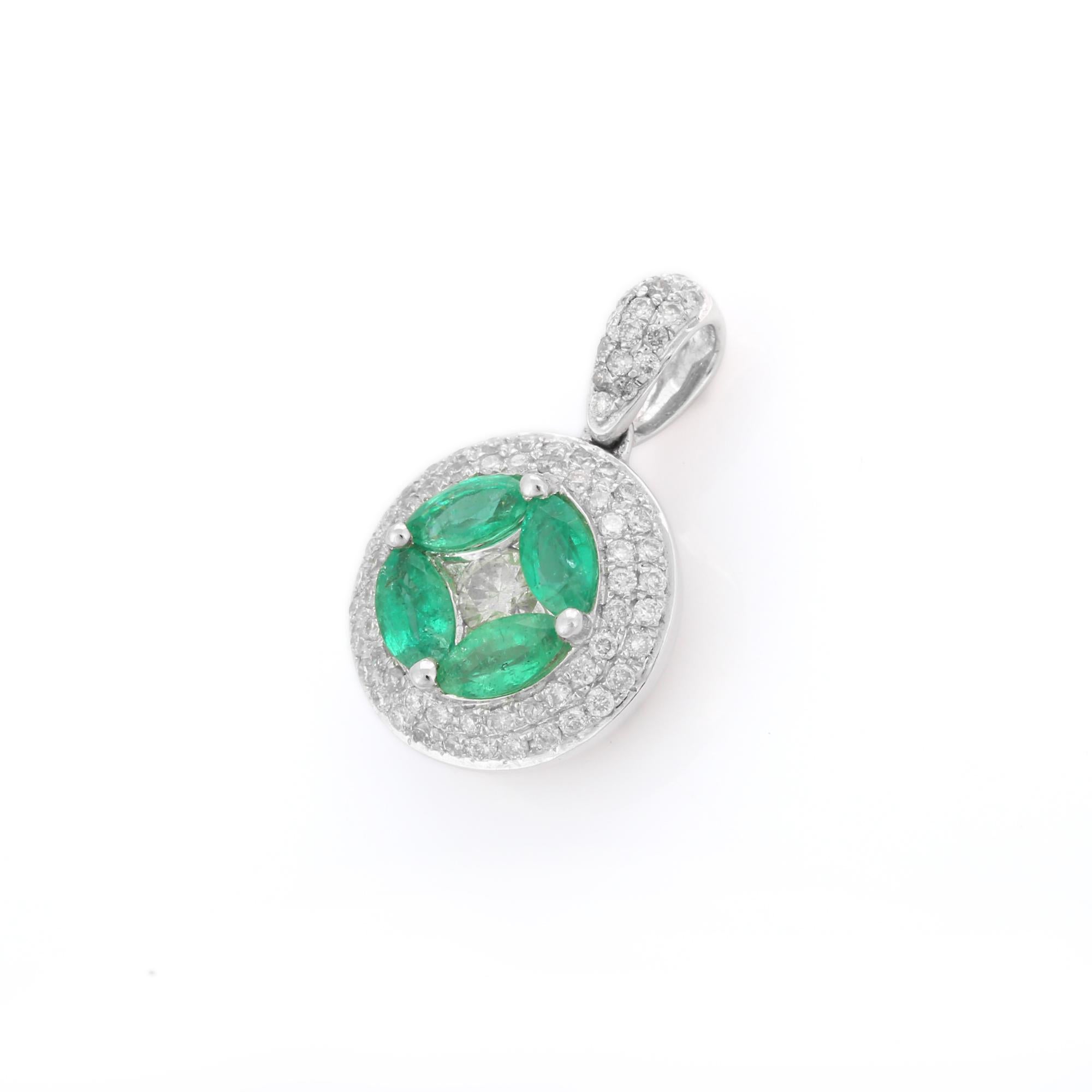 Women's Marquise Cut Emerald Diamond Designer Pendant in 18K Solid White Gold For Sale