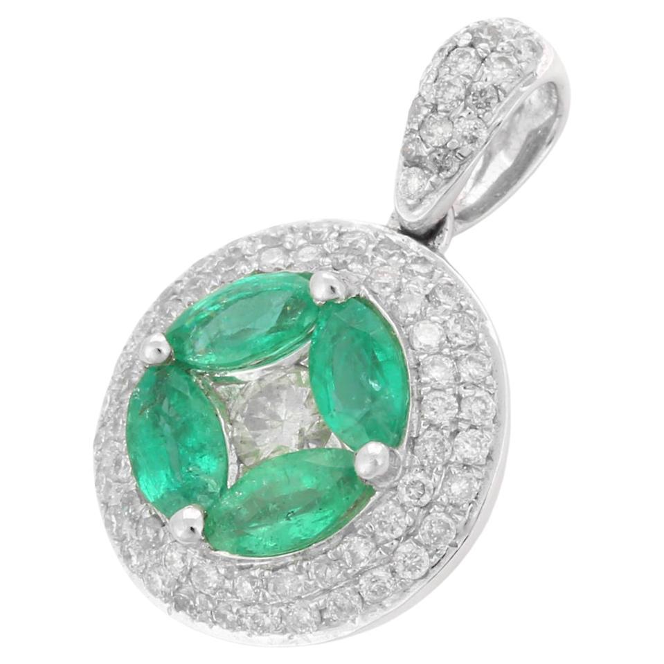 Marquise Cut Emerald Diamond Designer Pendant in 18K Solid White Gold