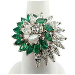 Art Deco Style 2.94 Carat Marquise Cut Natural Emerald Diamond Cocktail Ring