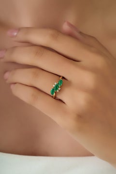 Marquise Cut Emerald & Diamond Three Stone Cluster Ring 1 carat 14K Yellow Gold