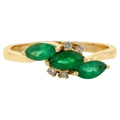 Marquise Cut Emerald & Diamond Three Stone Cluster Ring 1 carat 14K Yellow Gold