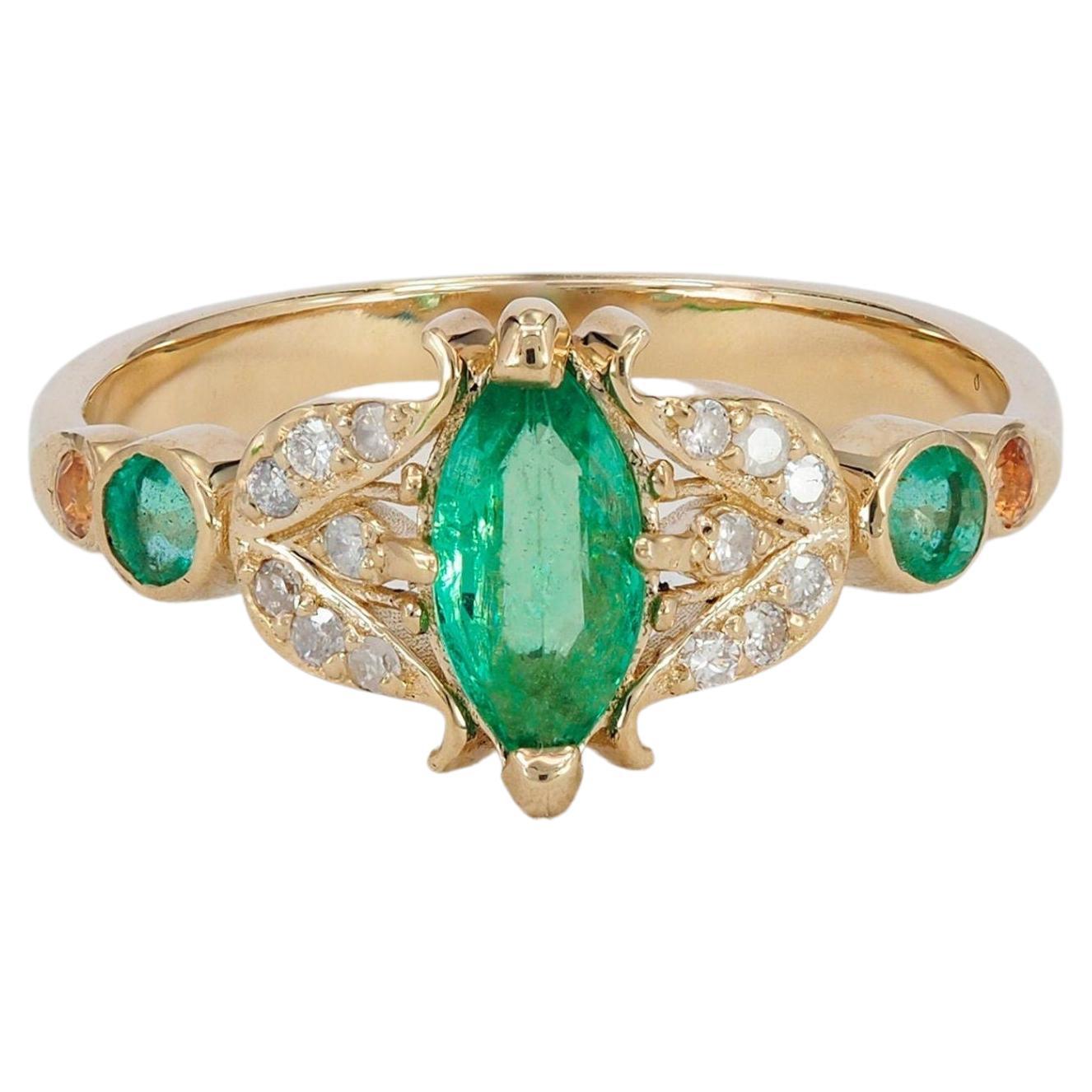 For Sale:  Marquise Cut Emerald Engagement Ring, Antique Emerald Vintage Engagement Ring
