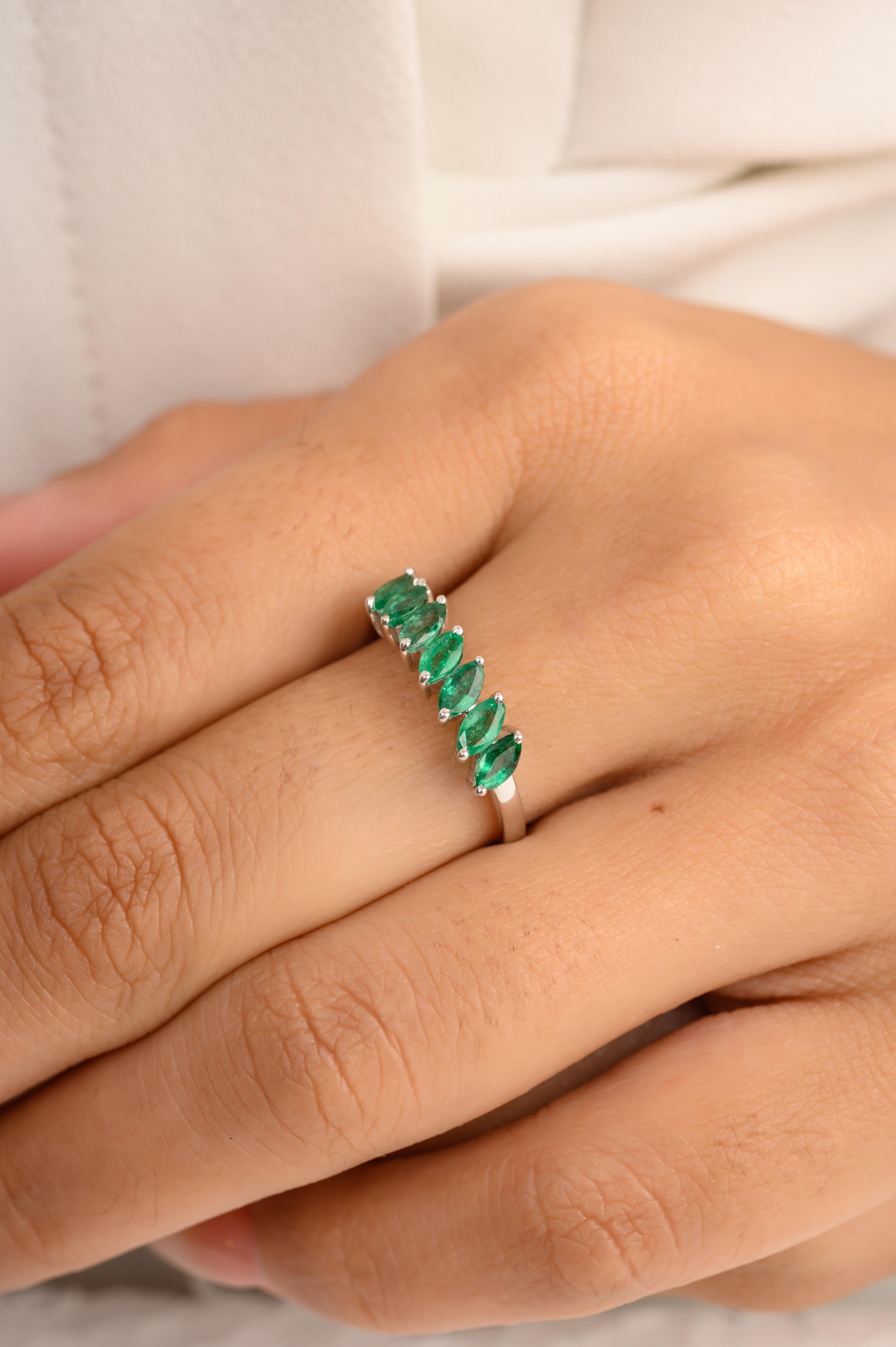 For Sale:  Inclined Marquise Emerald Half Eternity Band Ring for Her in 14k White Gold 2