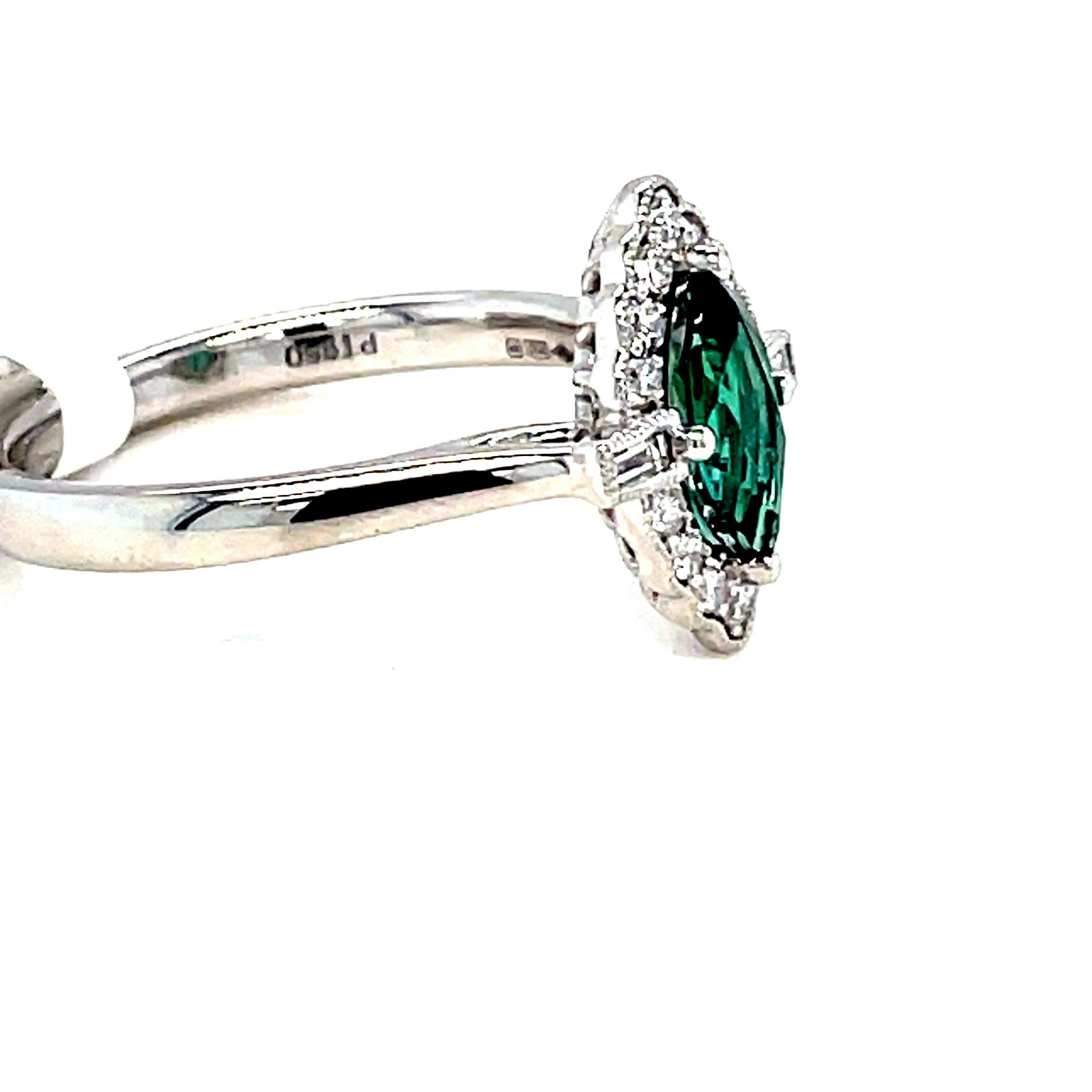Art Deco Marquise Cut Green Sapphire Halo Diamond Ring For Sale