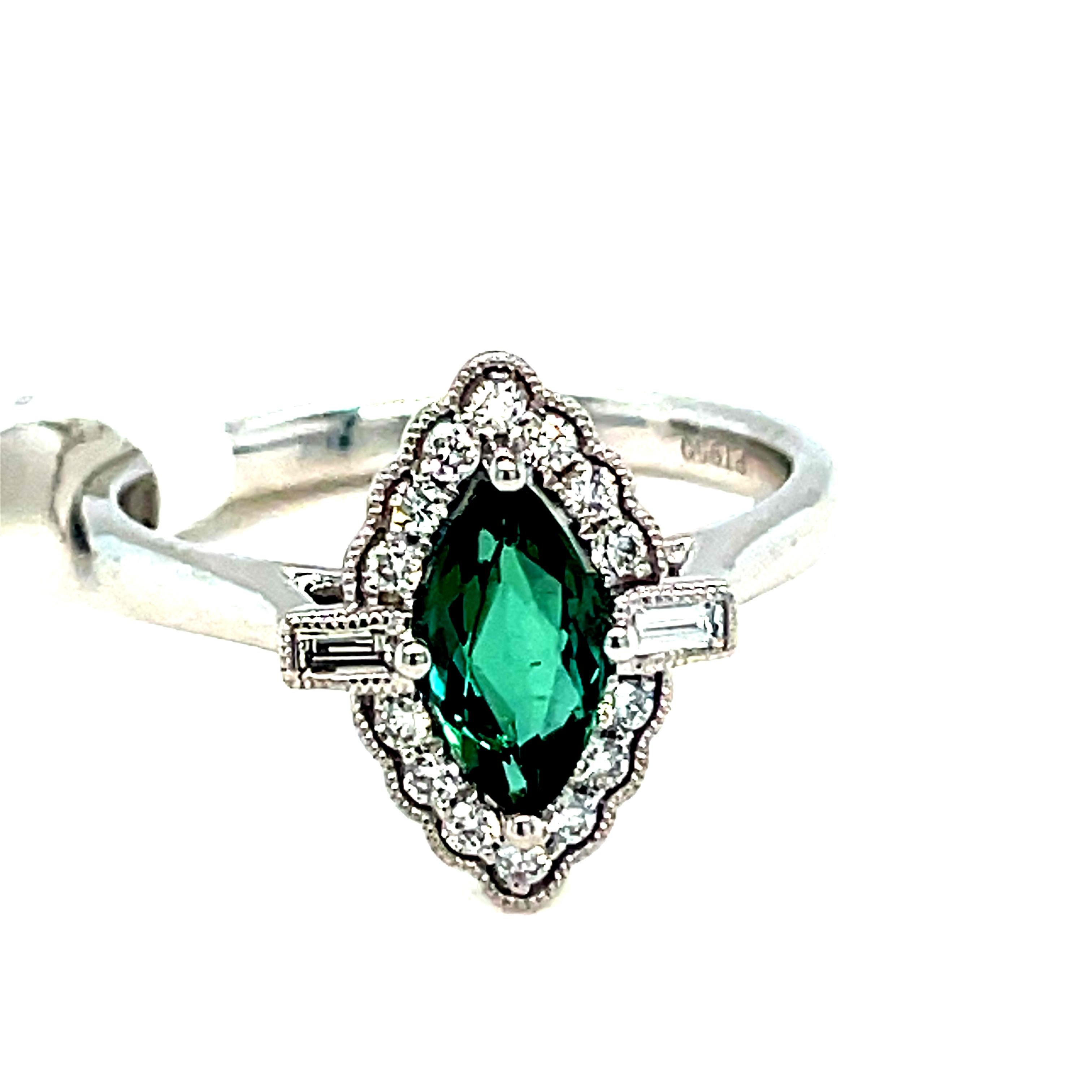 Marquise Cut Green Sapphire Halo Diamond Ring For Sale 1