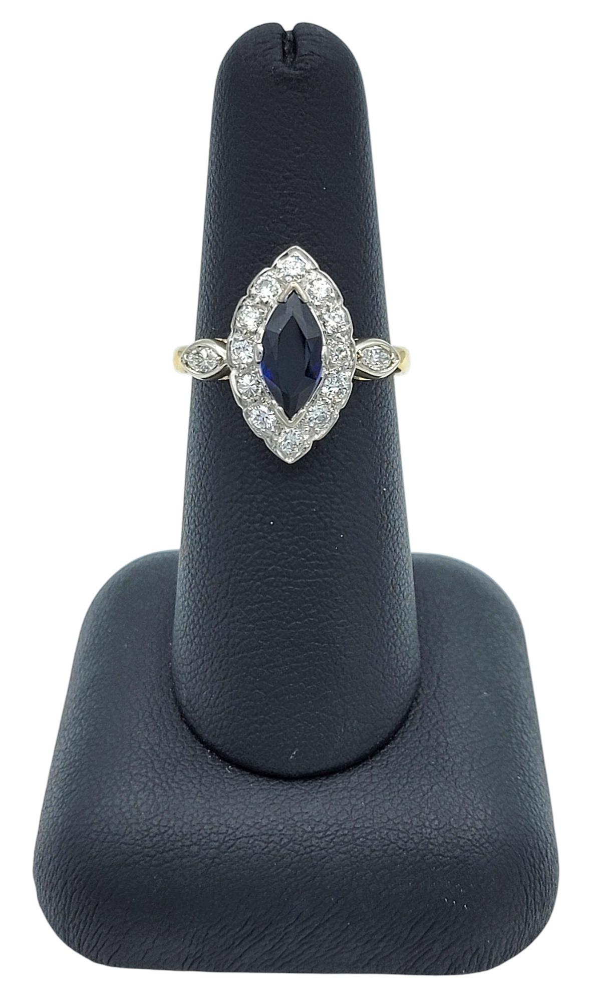 Marquise Cut Lab Sapphire and Diamond Halo Cocktail Ring in 14 Karat Gold For Sale 5