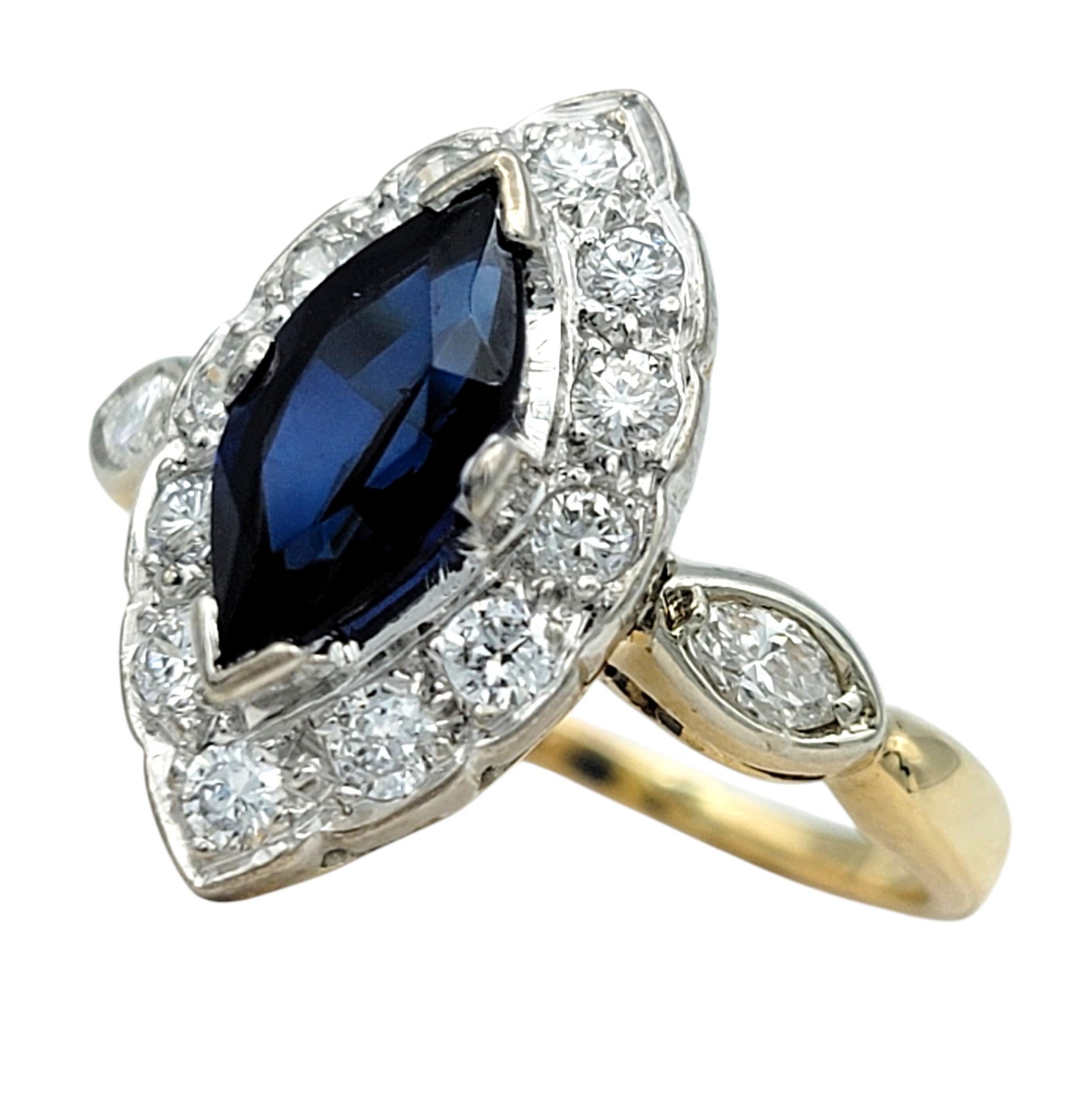 Marquise Cut Lab Sapphire and Diamond Halo Cocktail Ring in 14 Karat Gold In Good Condition For Sale In Scottsdale, AZ