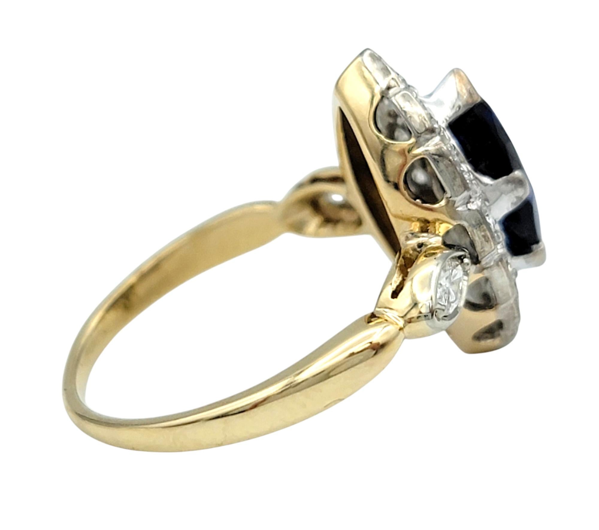 Women's Marquise Cut Lab Sapphire and Diamond Halo Cocktail Ring in 14 Karat Gold For Sale