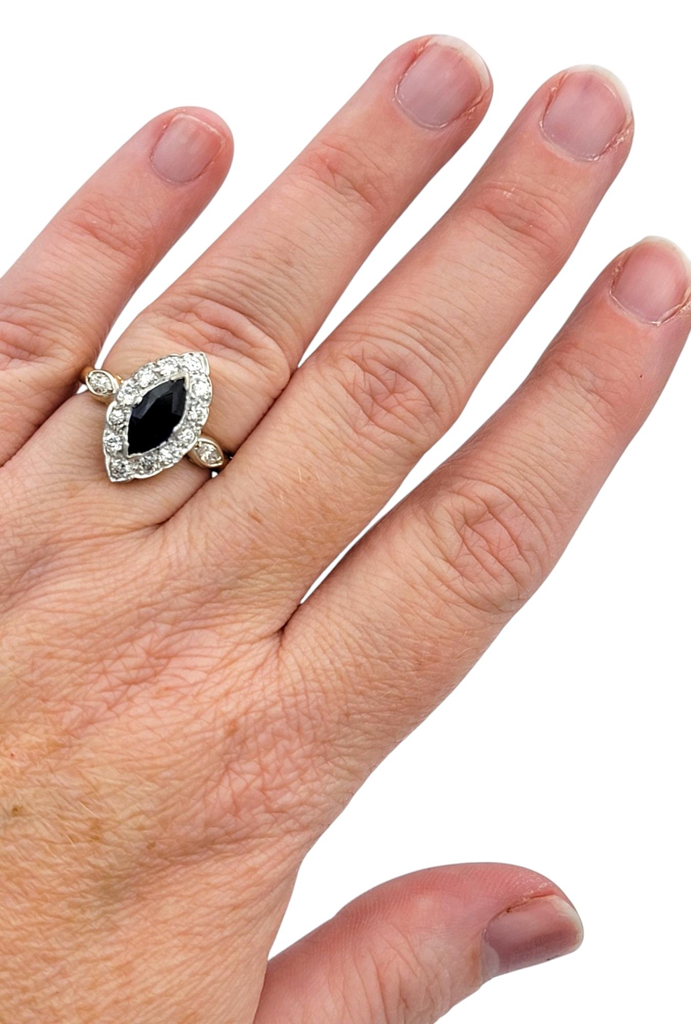 Marquise Cut Lab Sapphire and Diamond Halo Cocktail Ring in 14 Karat Gold For Sale 3