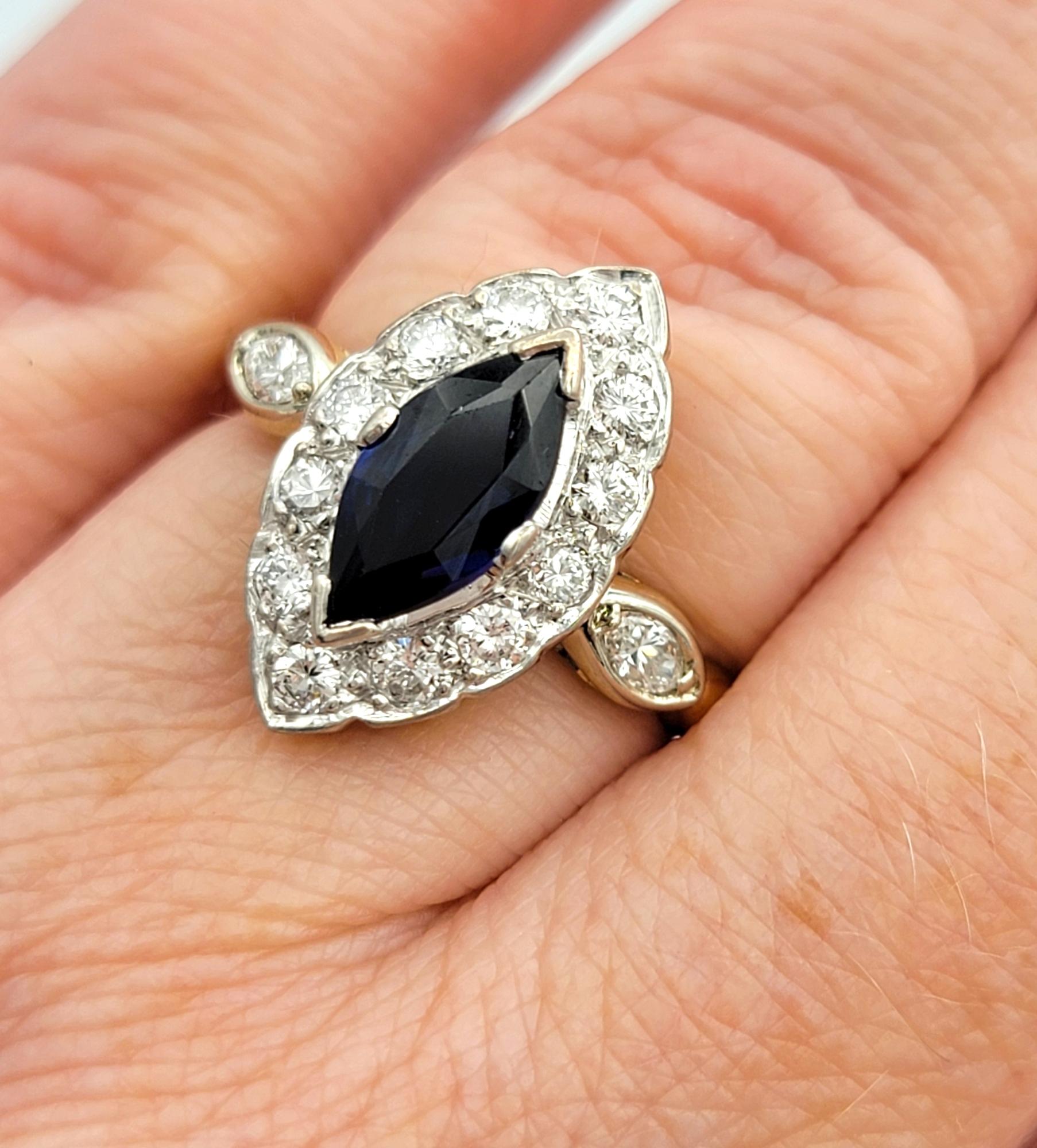 Marquise Cut Lab Sapphire and Diamond Halo Cocktail Ring in 14 Karat Gold For Sale 4