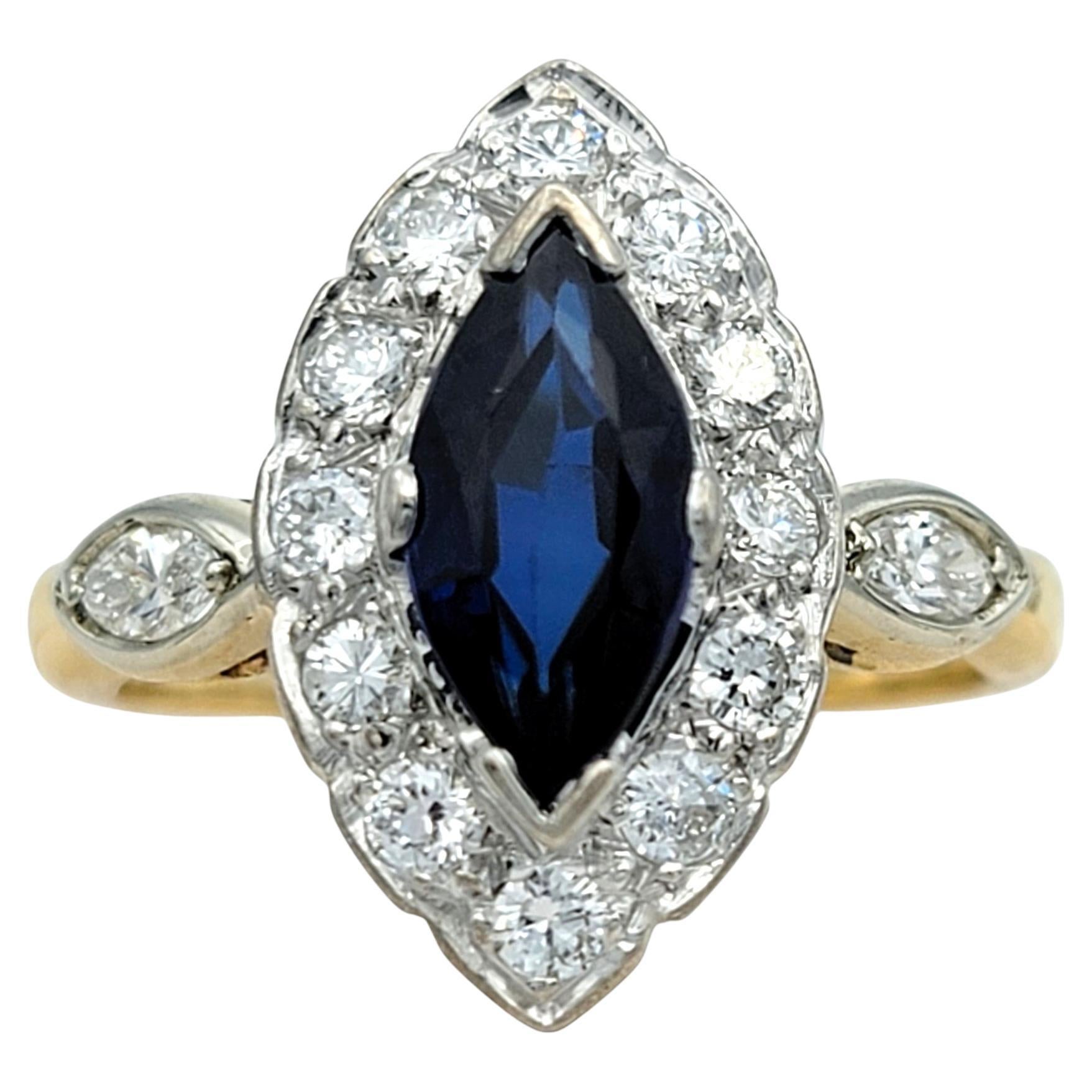 Marquise Cut Lab Sapphire and Diamond Halo Cocktail Ring in 14 Karat Gold For Sale