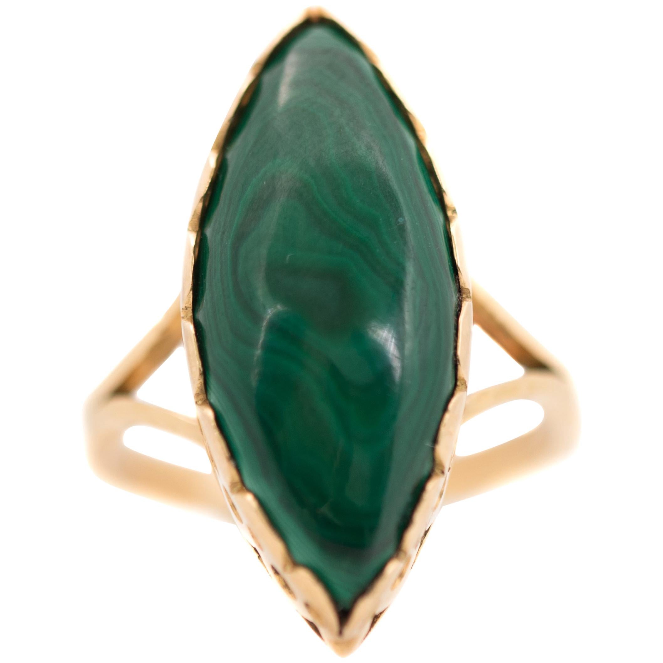 Marquise Cut Malachite and 18 Karat Yellow Gold Ring For Sale