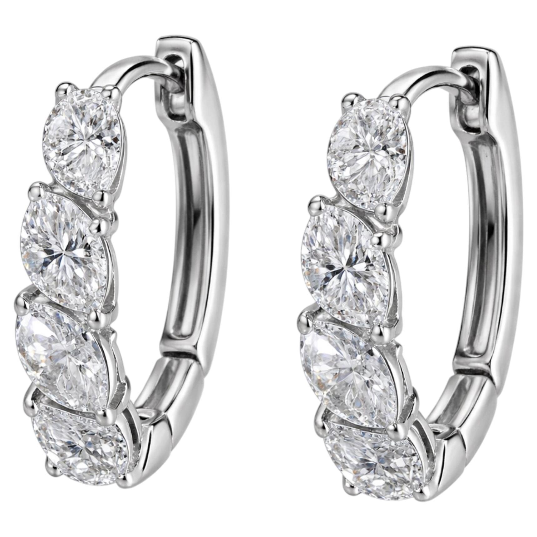Marquise Cut Natural Diamond Huggie Hoop Earrings 18k White Gold For Sale