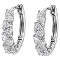Marquise Cut Natural Diamond Huggie Hoop Earrings 18k White Gold