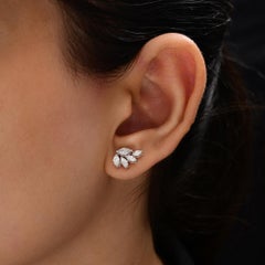 14K White Gold 0.97 Ct Marquise Diamond Leaf Fan Cluster Earrings Wedding Gift