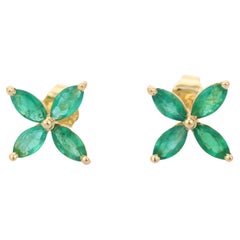 Marquise Cut Natural Emerald Floral Motif Stud Earrings in 14k Yellow Gold