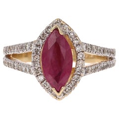 Marquise Cut Natural Ruby and Diamond Ring in 14K White Gold, 2.22 Carats