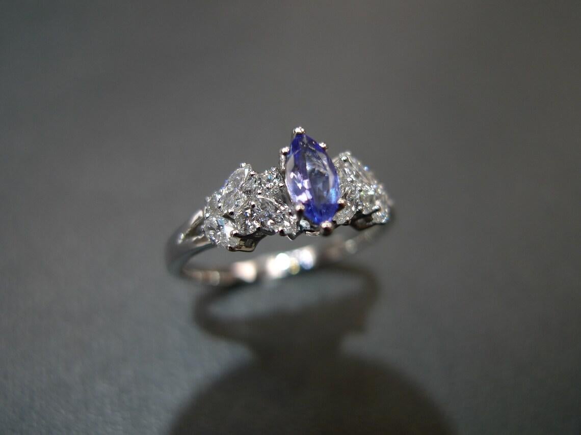 For Sale:  Marquise Cut Natural Tanzanite and Diamond Engagement Ring in 18K White Gold 5