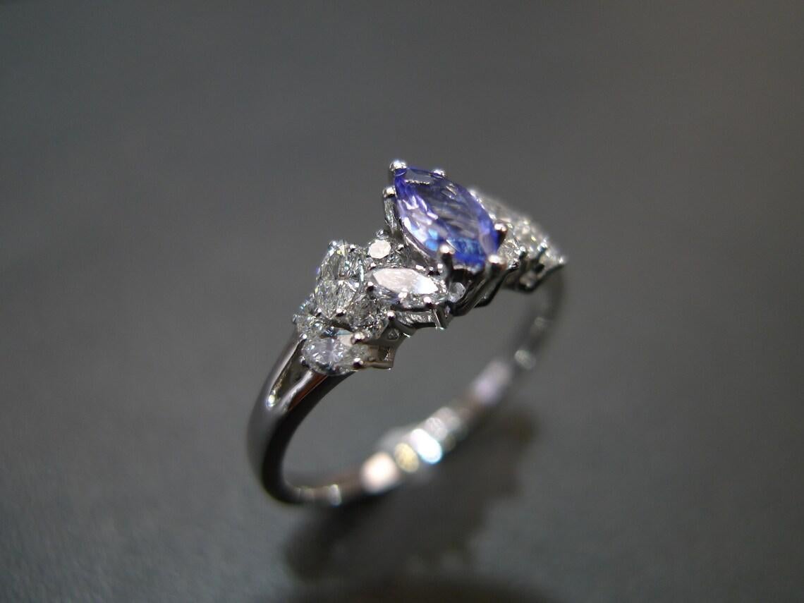 For Sale:  Marquise Cut Natural Tanzanite and Diamond Engagement Ring in 18K White Gold 6