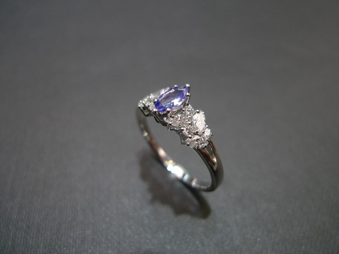 For Sale:  Marquise Cut Natural Tanzanite and Diamond Engagement Ring in 18K White Gold 7