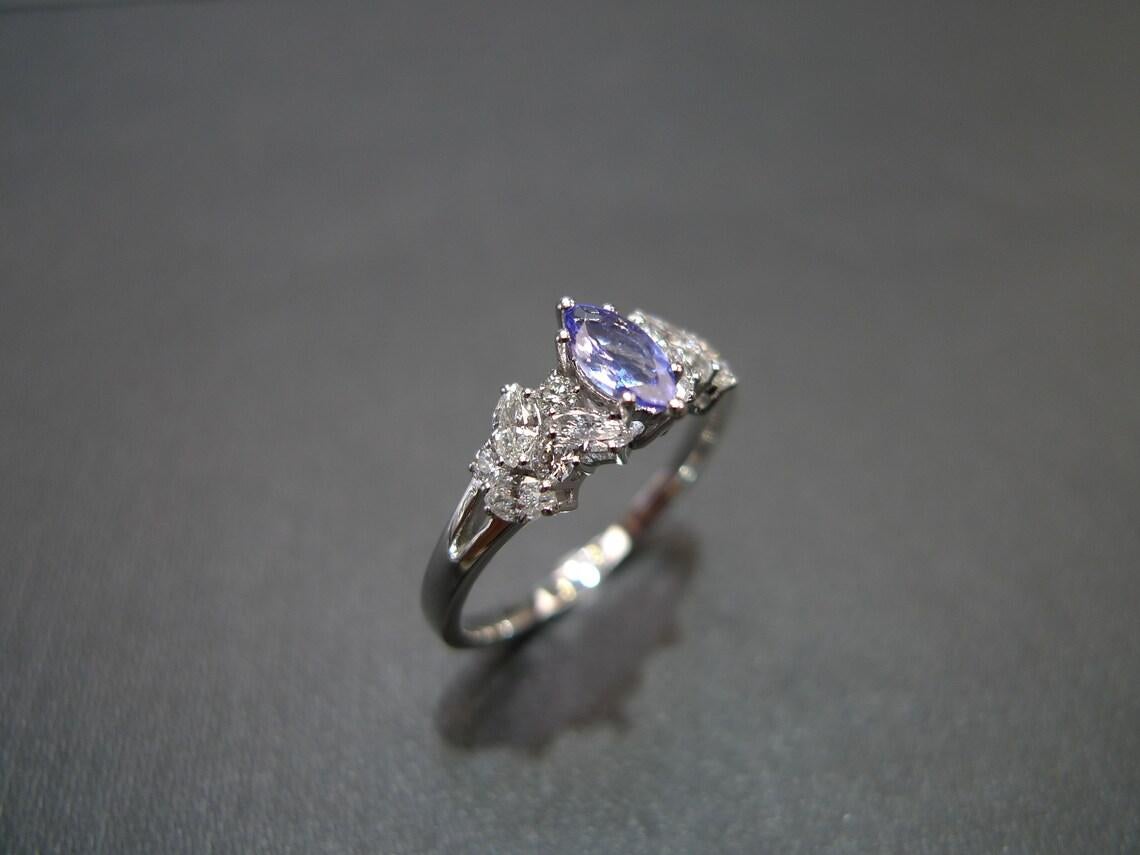 For Sale:  Marquise Cut Natural Tanzanite and Diamond Engagement Ring in 18K White Gold 8