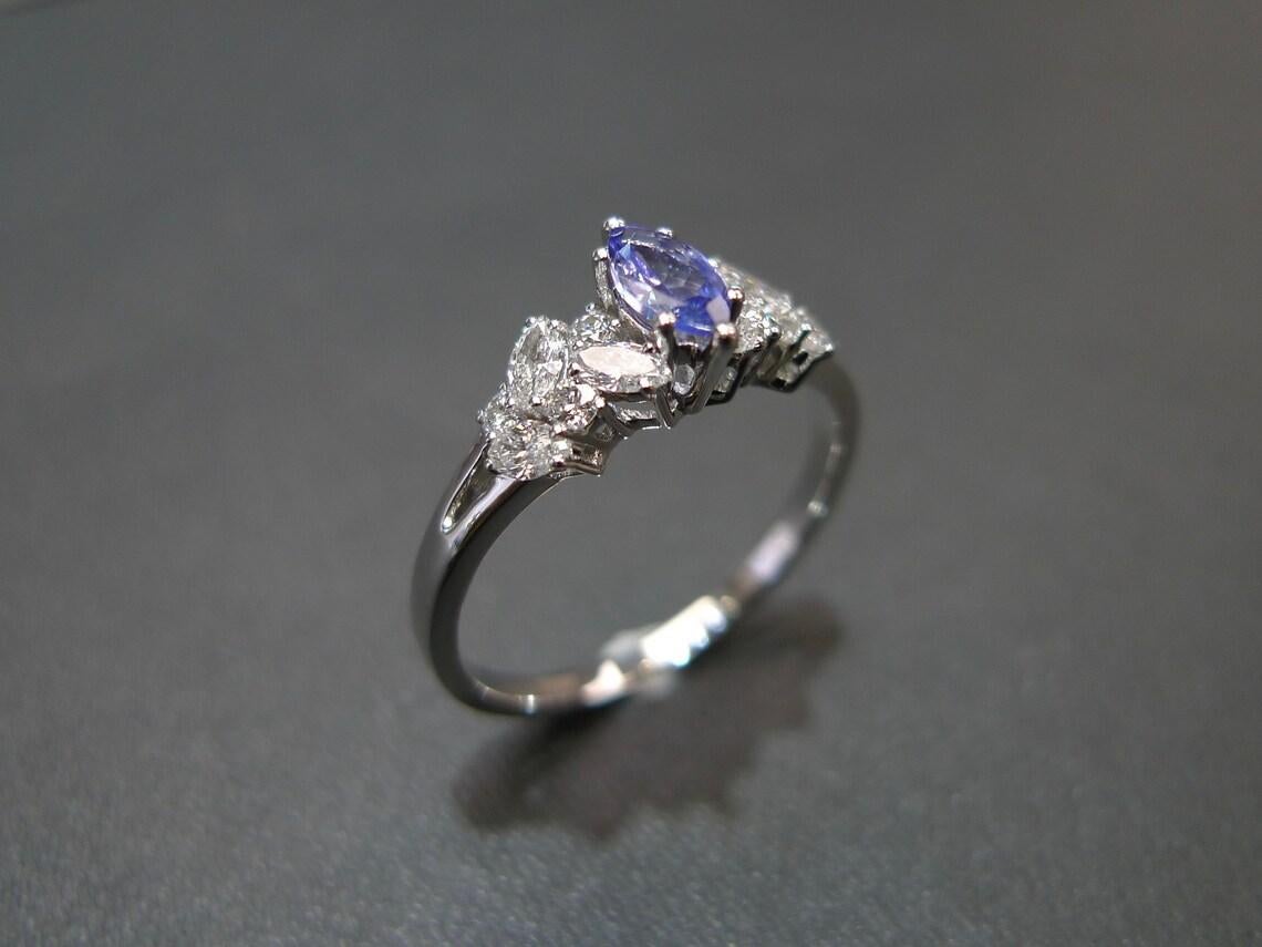 For Sale:  Marquise Cut Natural Tanzanite and Diamond Engagement Ring in 18K White Gold 9