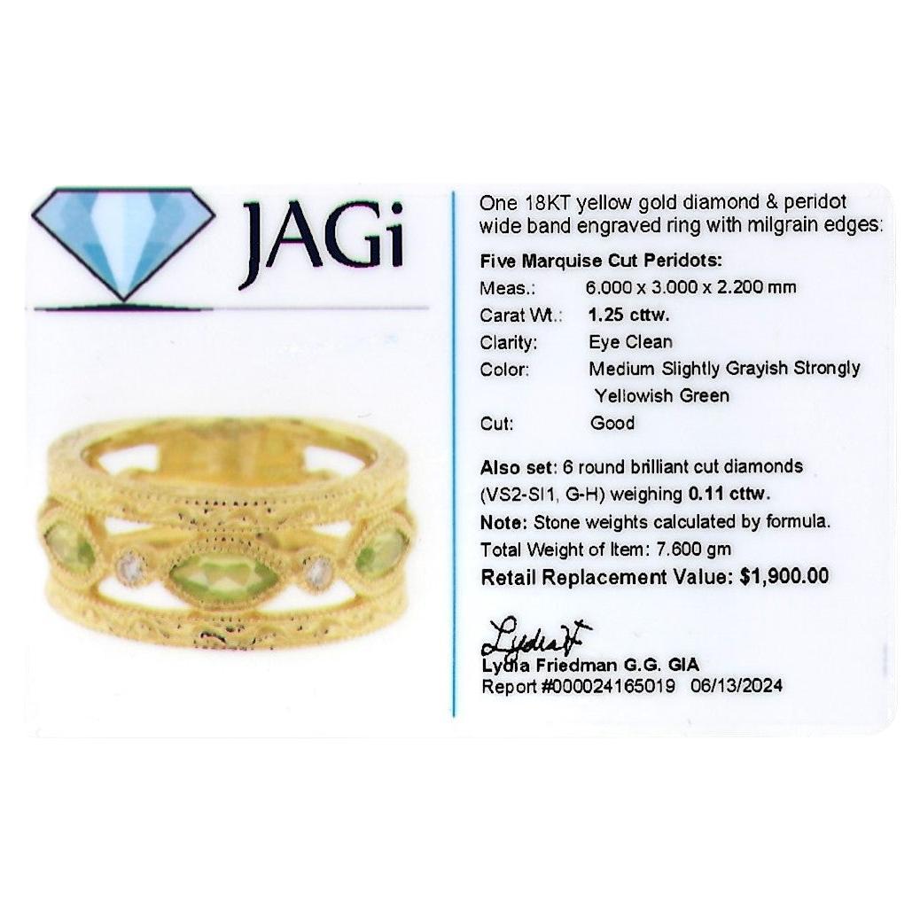 Marquise Cut Peridot Milgrain Band Ring with Diamonds in 18 Karat Yellow Gold 5