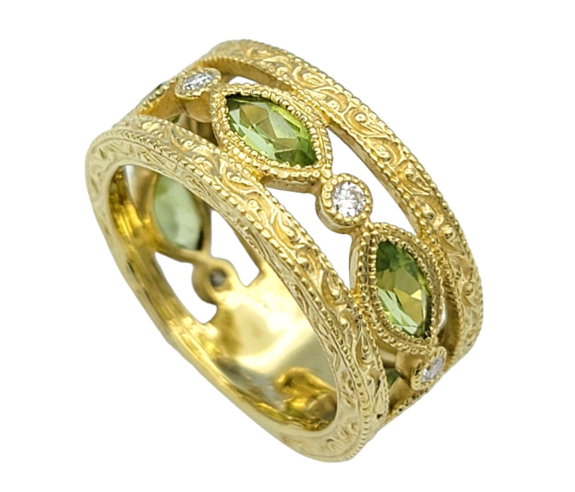 Contemporary Marquise Cut Peridot Milgrain Band Ring with Diamonds in 18 Karat Yellow Gold
