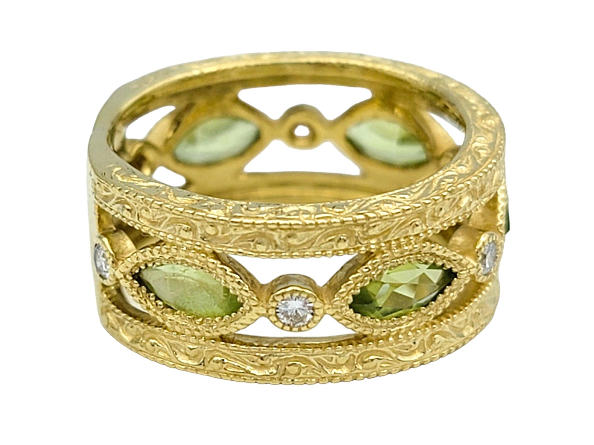 Marquise Cut Peridot Milgrain Band Ring with Diamonds in 18 Karat Yellow Gold In Good Condition In Scottsdale, AZ