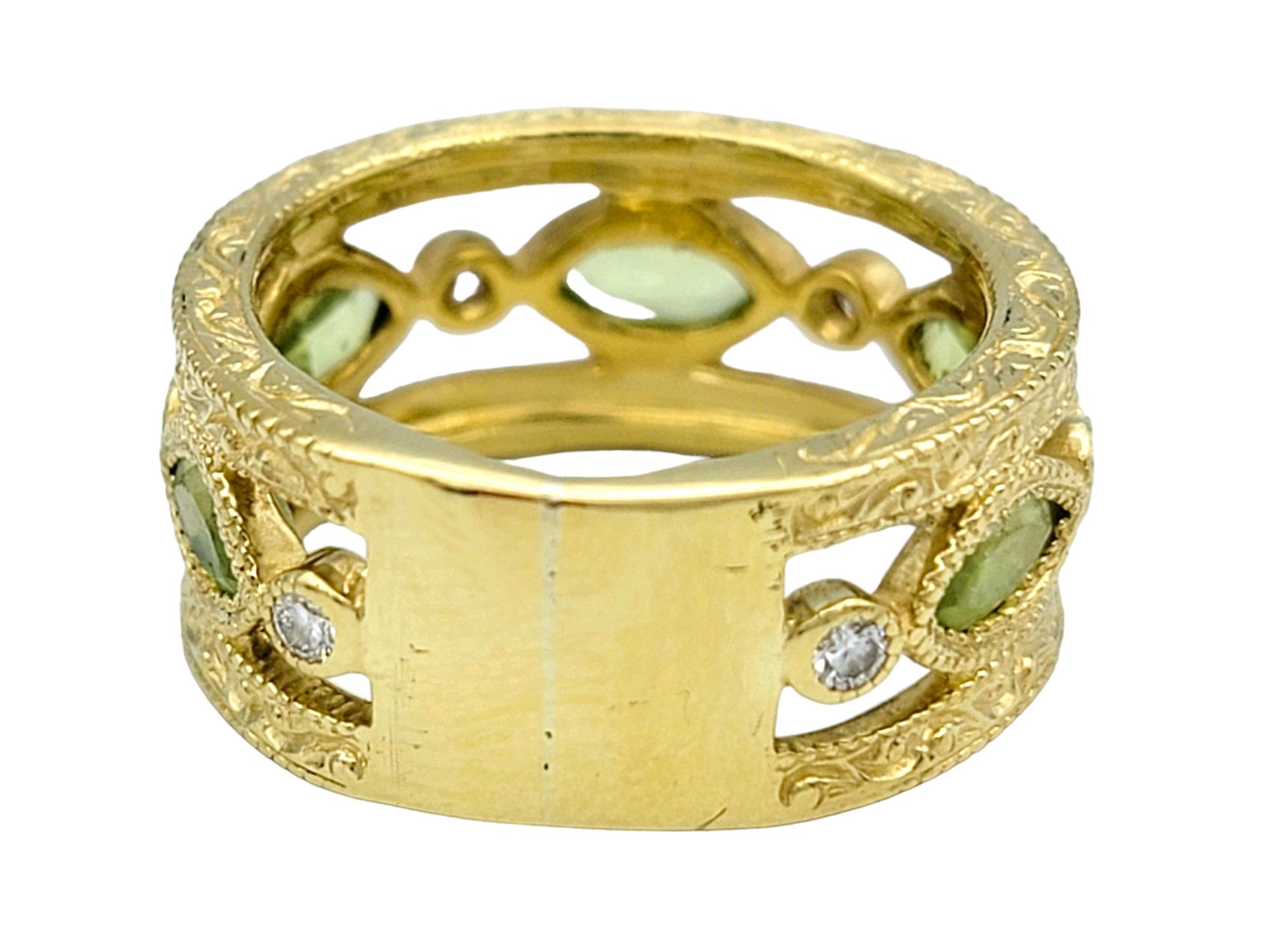 Marquise Cut Peridot Milgrain Band Ring with Diamonds in 18 Karat Yellow Gold 1