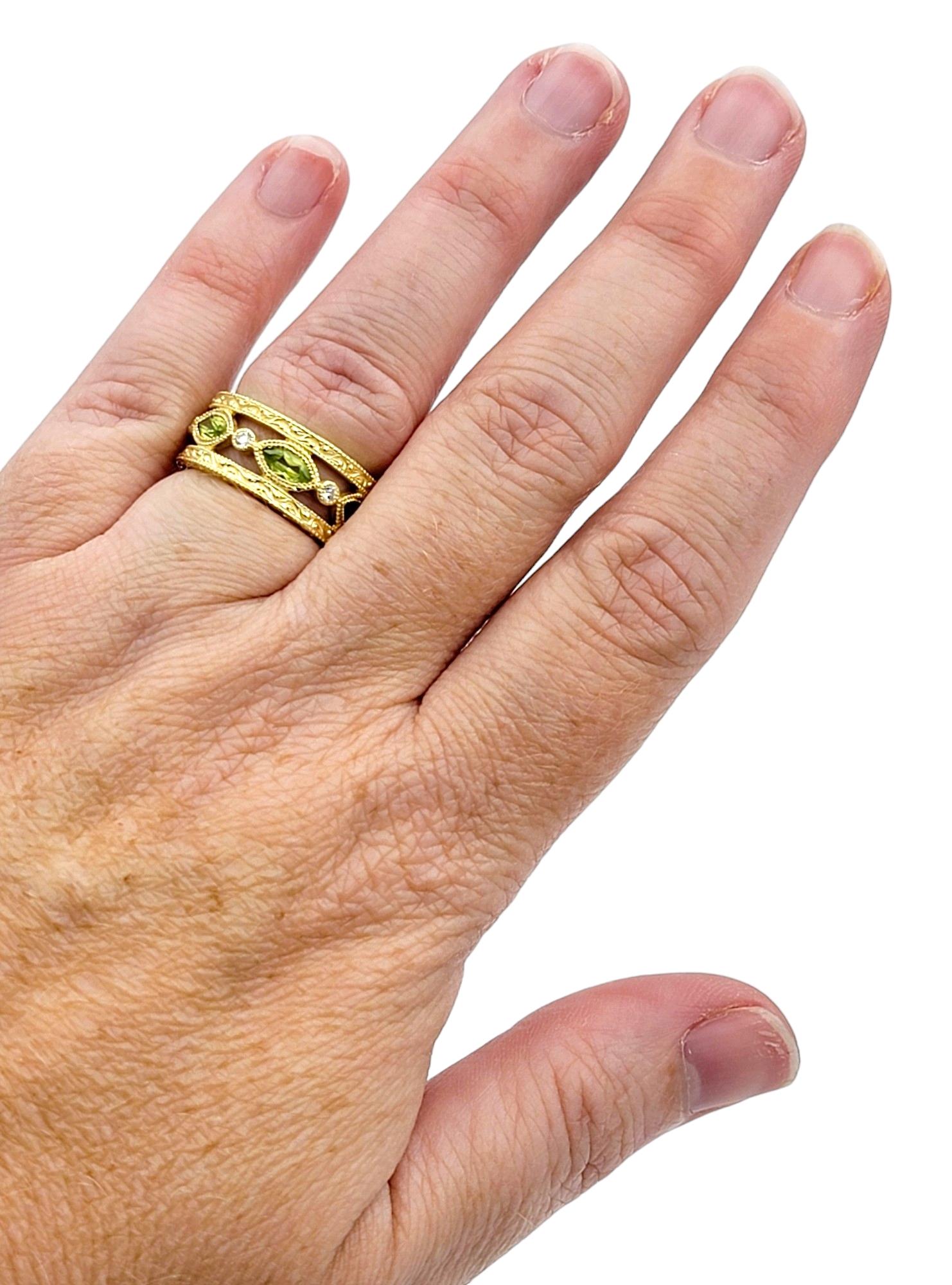 Marquise Cut Peridot Milgrain Band Ring with Diamonds in 18 Karat Yellow Gold 2