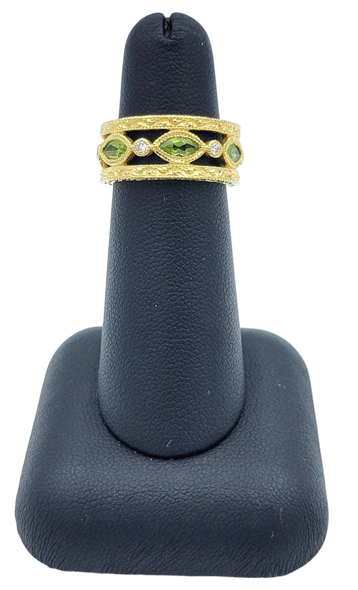 Marquise Cut Peridot Milgrain Band Ring with Diamonds in 18 Karat Yellow Gold 4