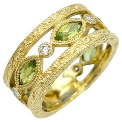 Marquise Cut Peridot Milgrain Band Ring with Diamonds in 18 Karat Yellow Gold