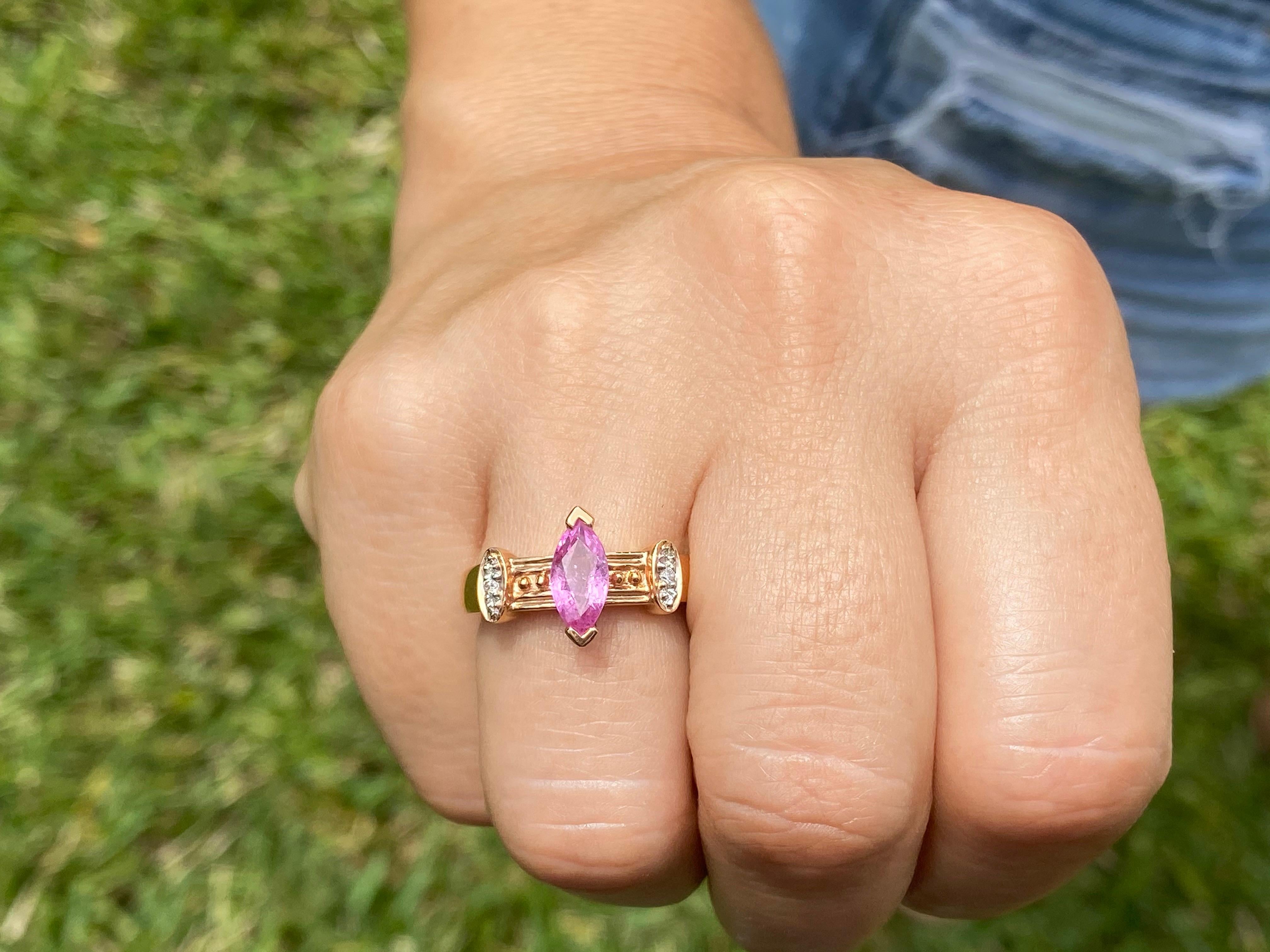 Marquise Cut Pink Sapphire and Diamond in 14k Rose Gold Retro Style Ring In Excellent Condition For Sale In Miami, FL