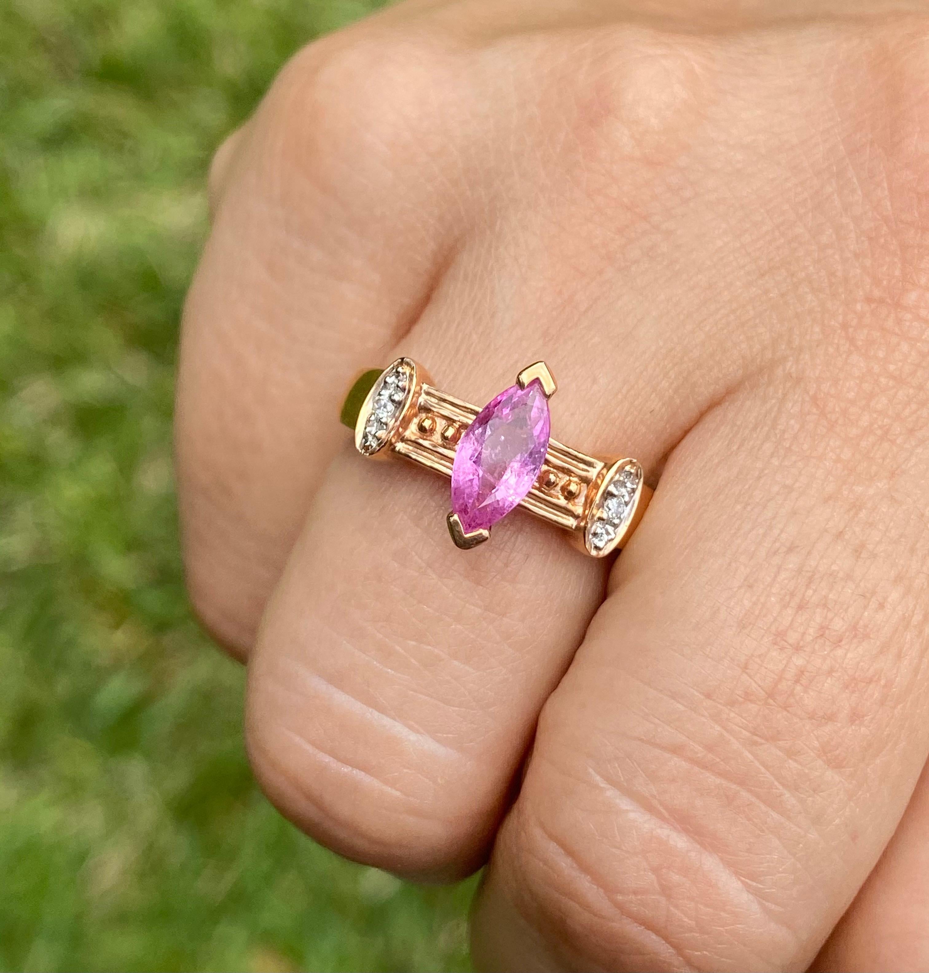 Marquise Cut Pink Sapphire and Diamond in 14k Rose Gold Retro Style Ring For Sale 1